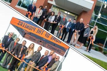 Montage photo of dual ribbon cuttings of Science Center and Athletic Field on October 21, 2021.